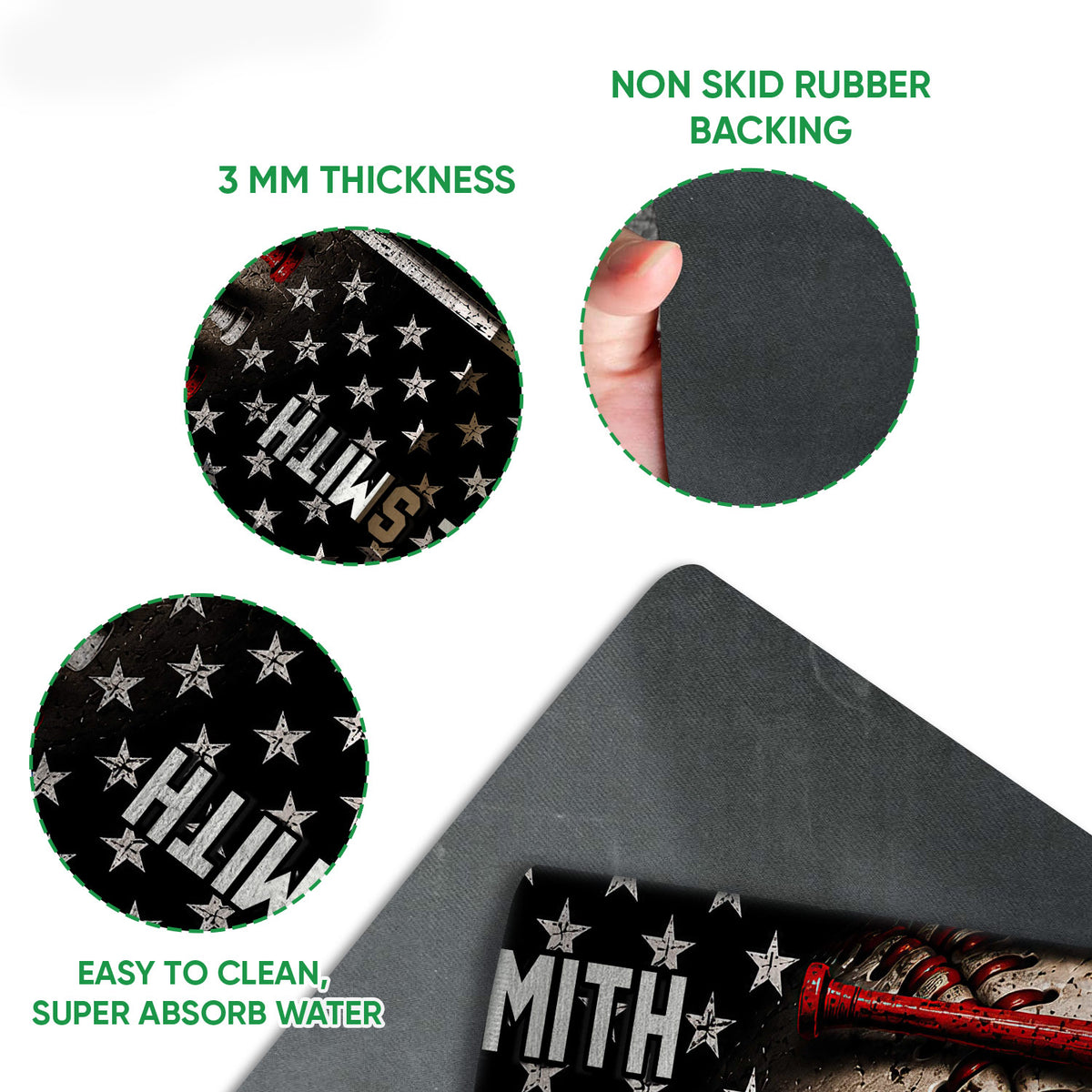 Close-up of baseball bat artwork with a visible rubber backing and printed felt surface