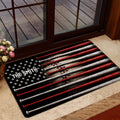 Baseball bat entryway mat styled in front of a glass door with a neutral interior
