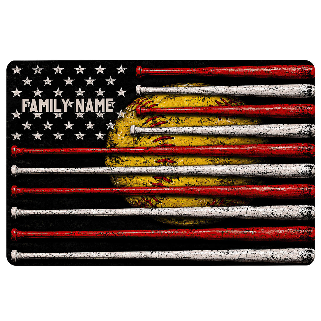 Softball doormat artwork with red and white bats, a yellow glove, stars, and a bold black background