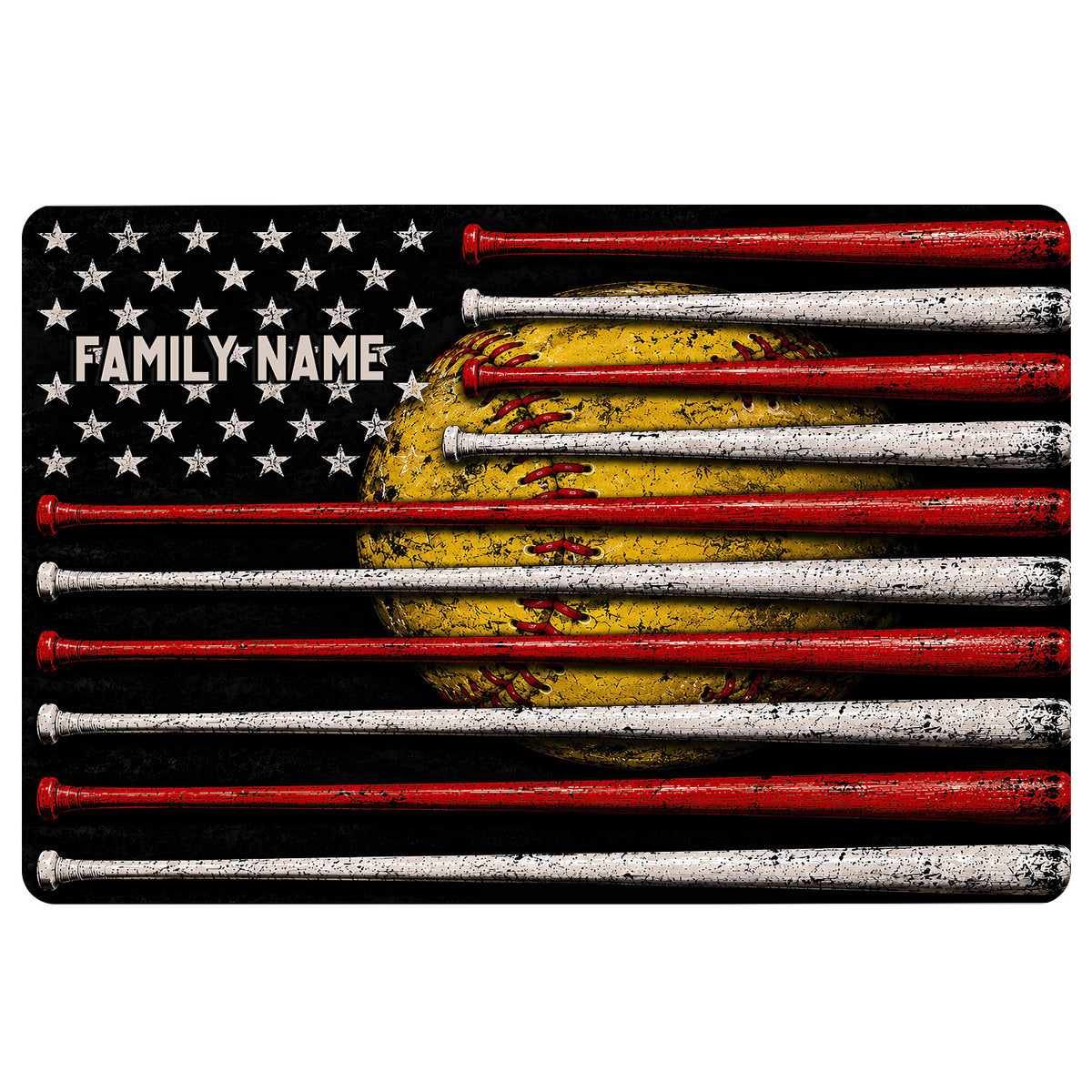 Softball doormat artwork with red and white bats, a yellow glove, stars, and a bold black background