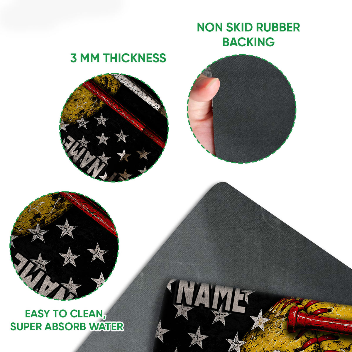 Close-up softball doormat view showing the printed bats, glove, stars, and rubber backing feature