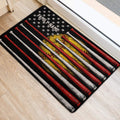 Softball doormat styled at a home entrance with red and white bats over a yellow glove design