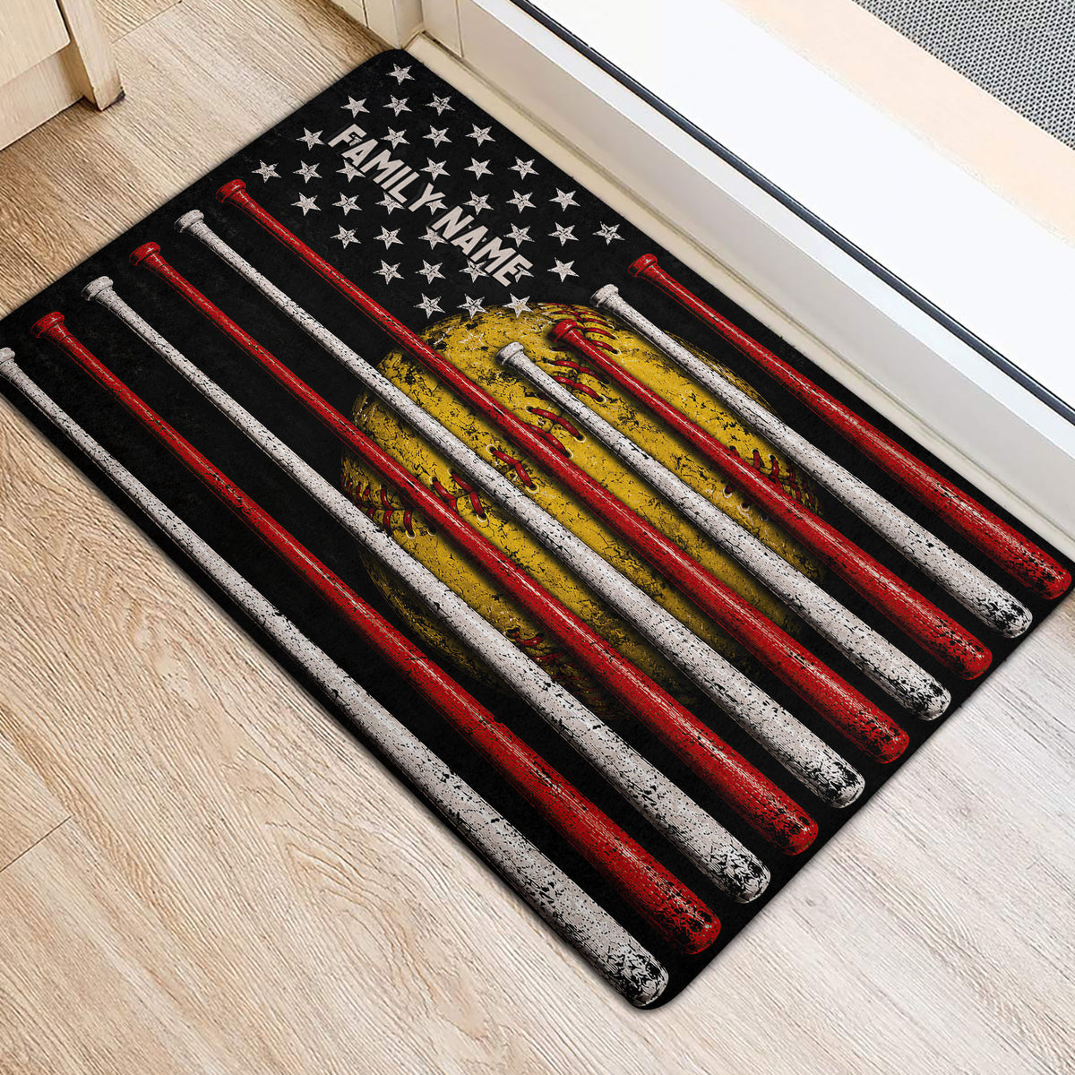 Softball doormat styled at a home entrance with red and white bats over a yellow glove design