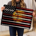 Softball doormat held indoors showing the full bats, glove, stars, and black background design