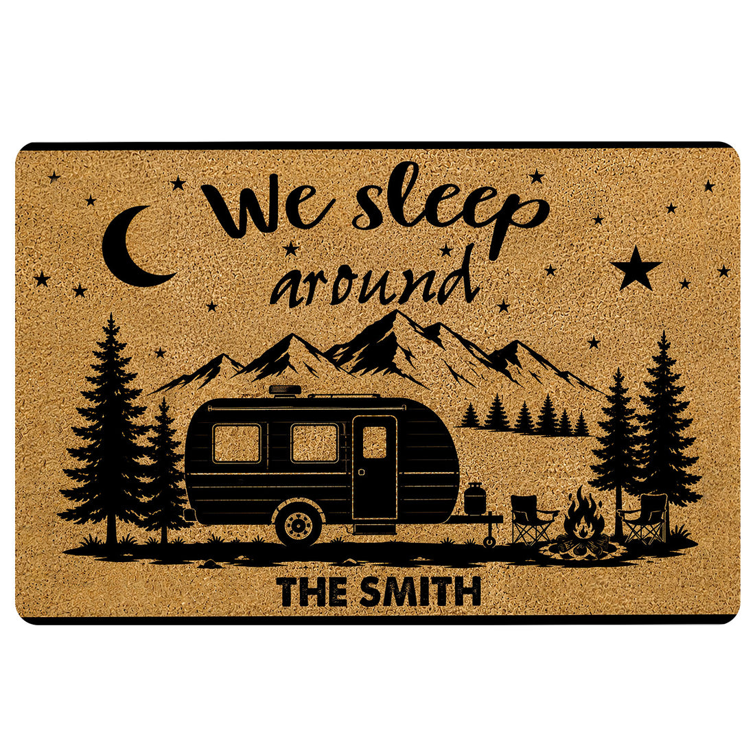 Camping doormat with camper, mountain landscape, pine trees, campfire, crescent moon, and starry night design