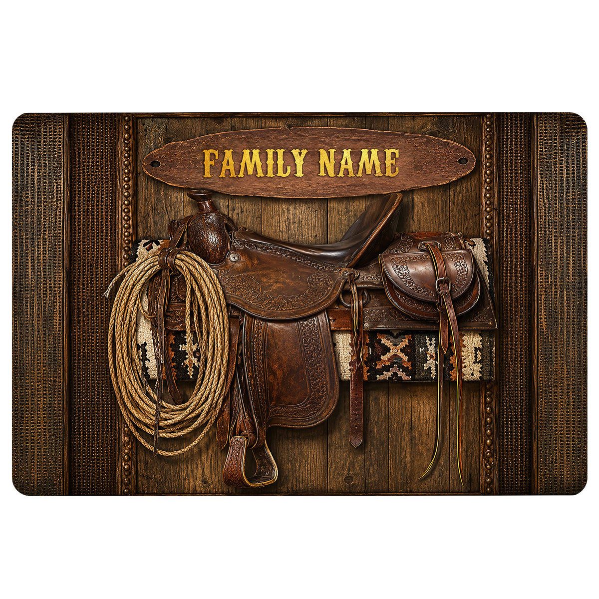 Cowboy doormat featuring a western saddle, coiled lasso, rustic wood texture and warm brown tones