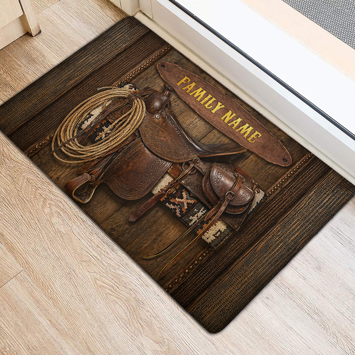 Western cowboy doormat placed at an entrance with saddle and lasso artwork