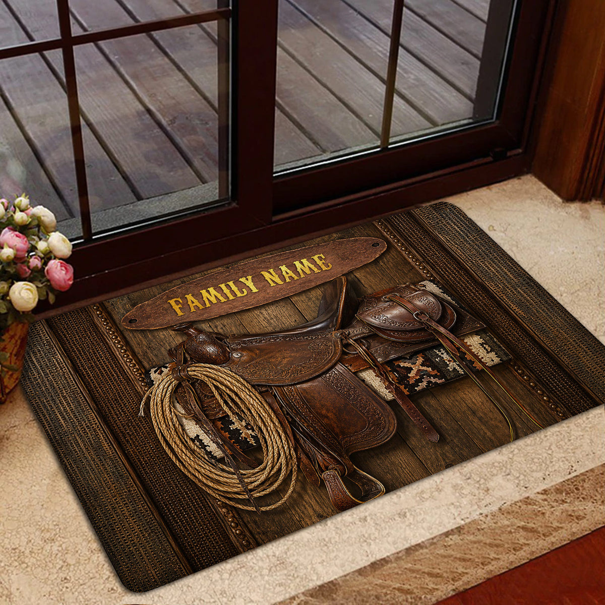 Rustic cowboy doormat styled inside a home entryway near a glass door