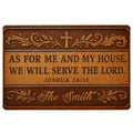 Christian doormat with ornate cross, scripture message, and decorative brown leaf flourishes