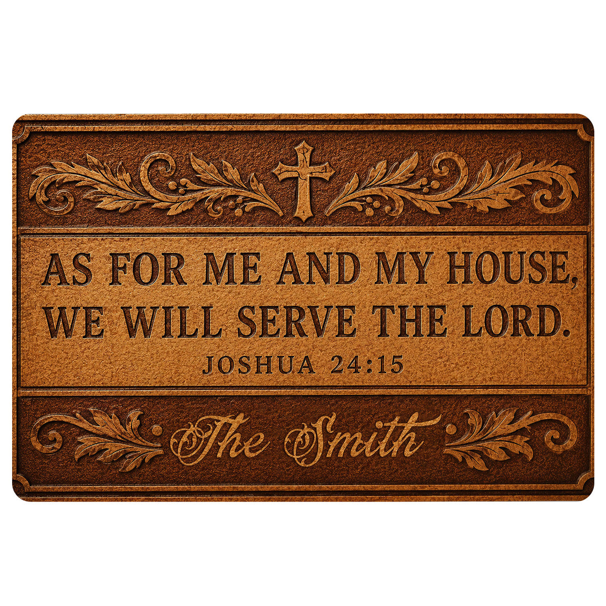 Christian doormat with ornate cross, scripture message, and decorative brown leaf flourishes