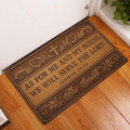 Christian scripture doormat displayed at a home entrance on warm wood flooring