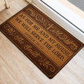 Faith-inspired Christian door mat with cross and scripture design beside an interior doorway