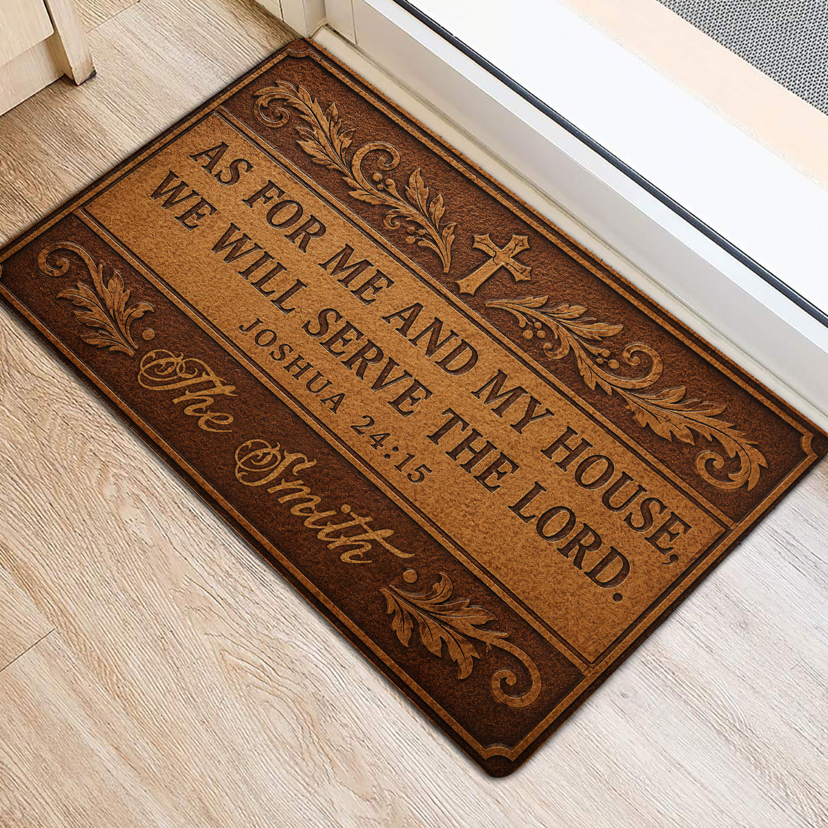 Faith-inspired Christian door mat with cross and scripture design beside an interior doorway