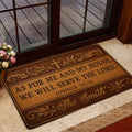 Christian entryway rug featuring an ornate cross and scripture message in a home entrance