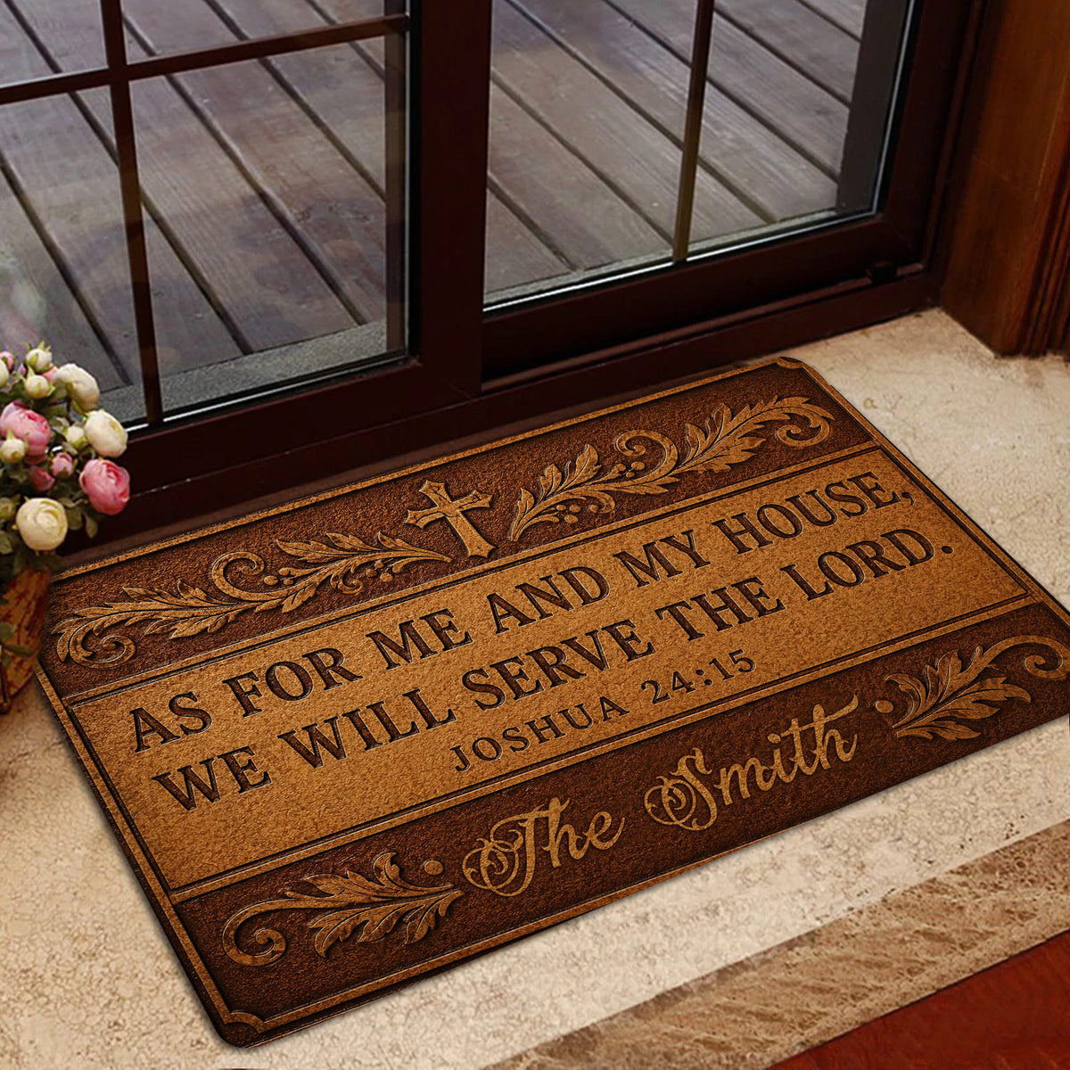 Christian entryway rug featuring an ornate cross and scripture message in a home entrance