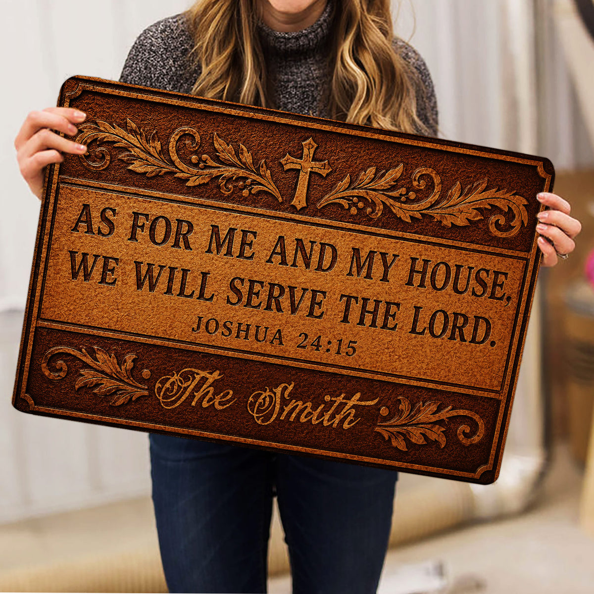 Christian doormat with scripture artwork presented indoors as a faith-centered home accent