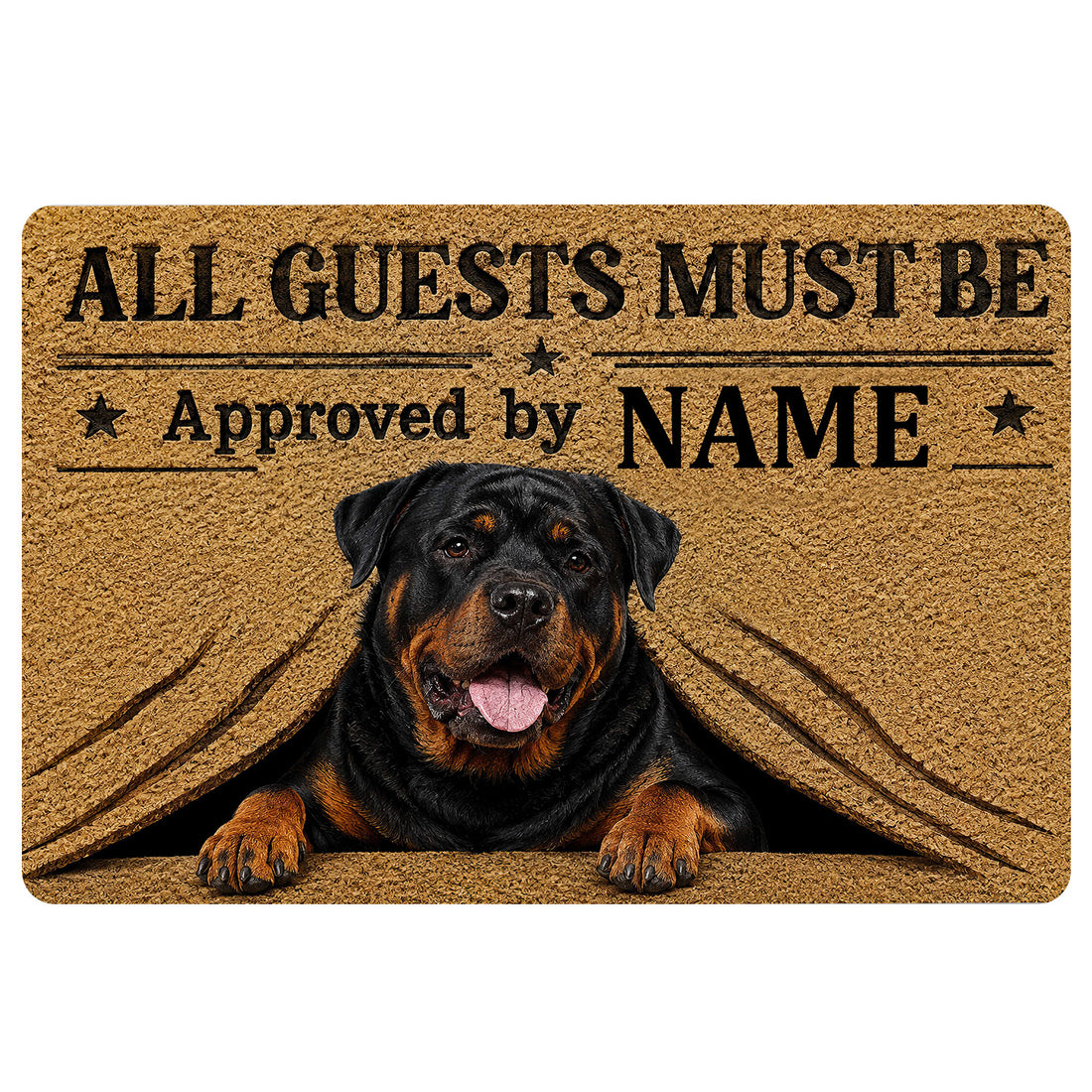 Rottweiler doormat with a tan textured background, bold black lettering, stars, and a realistic dog portrait