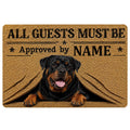 Rottweiler doormat with a tan textured background, bold black lettering, stars, and a realistic dog portrait