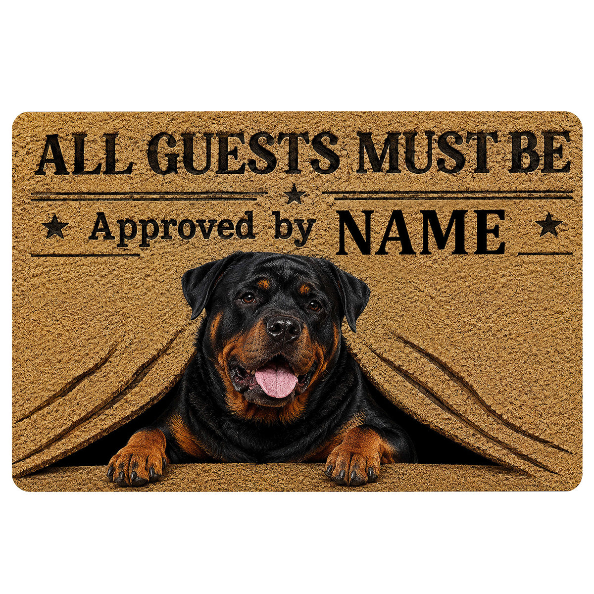 Rottweiler doormat with a tan textured background, bold black lettering, stars, and a realistic dog portrait