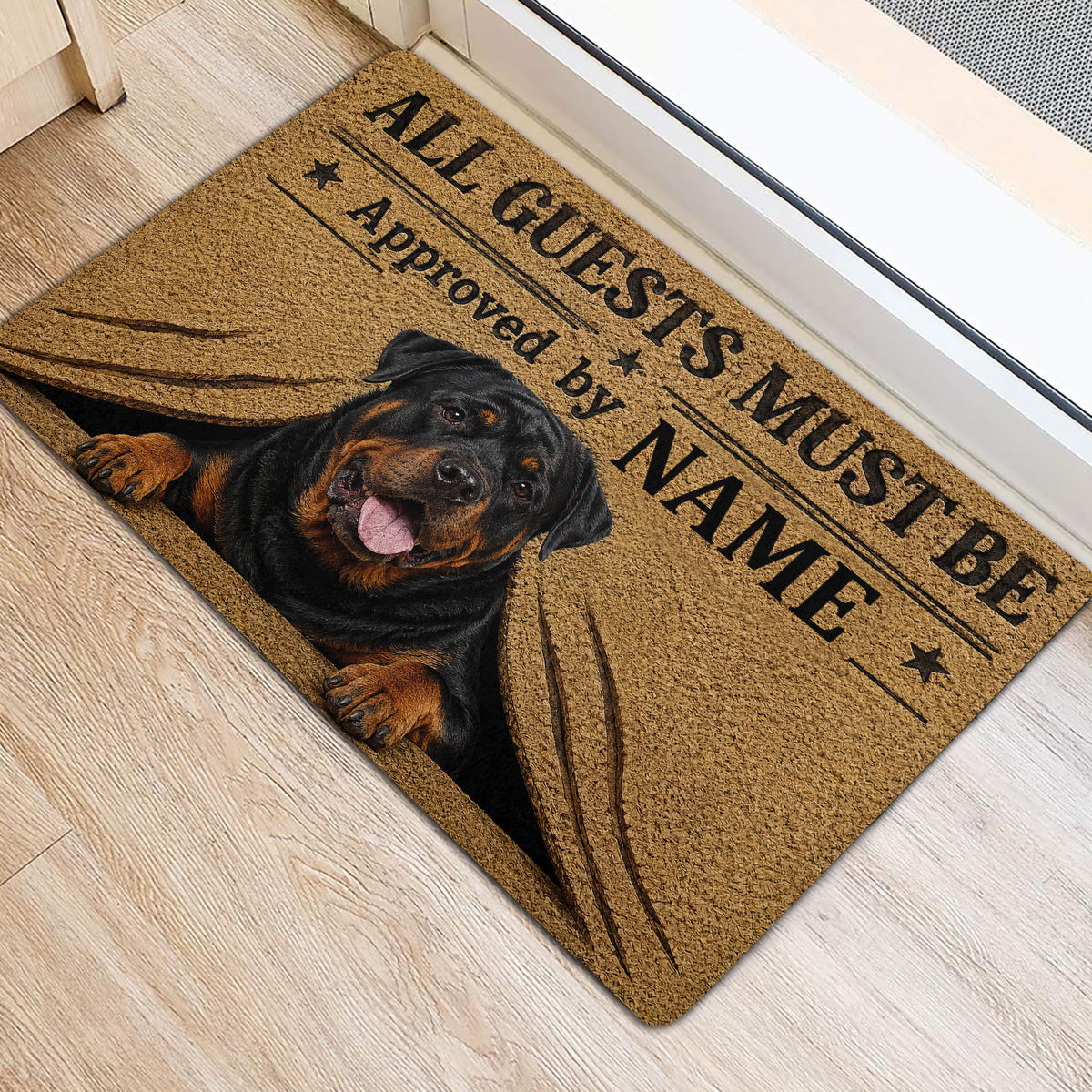 Rottweiler front door mat shown on light flooring with a bold vintage-style welcome design