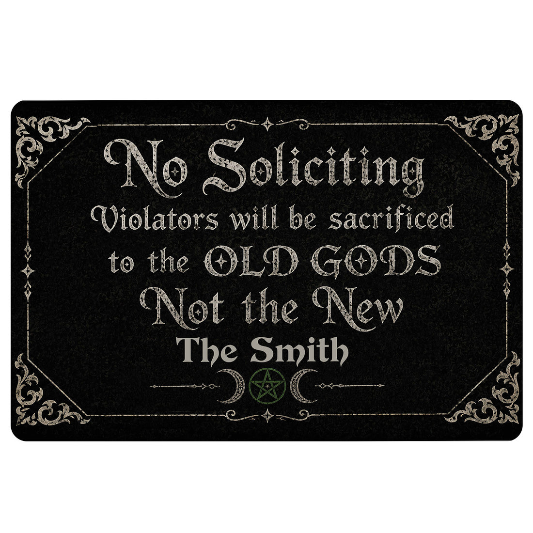 Black Wicca doormat with gothic lettering, crescent moons, pentagram, and ornate silver border