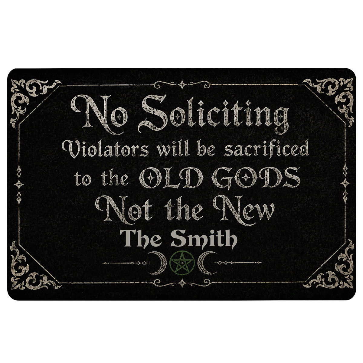 Black Wicca doormat with gothic lettering, crescent moons, pentagram, and ornate silver border