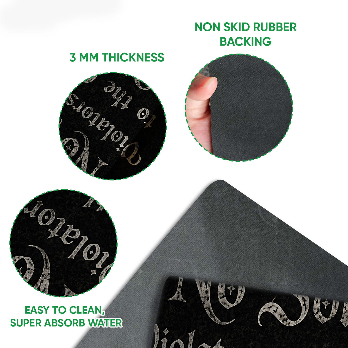 Doormat feature view showing the printed surface, rubber backing, rounded corners, and thin profile