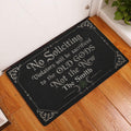 Wicca doormat styled in a wood-floor entryway with gothic lettering and occult-inspired border artwork