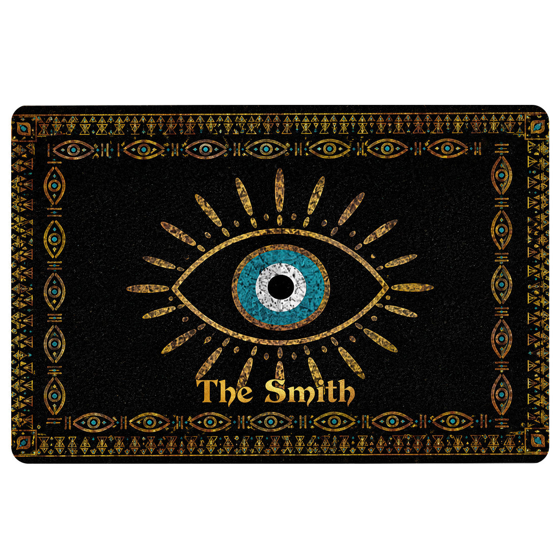 Black evil eye doormat with a blue central eye, gold rays, and decorative geometric border