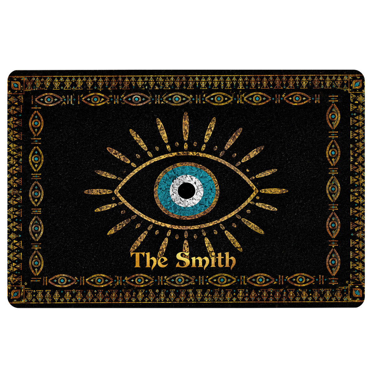 Black evil eye doormat with a blue central eye, gold rays, and decorative geometric border