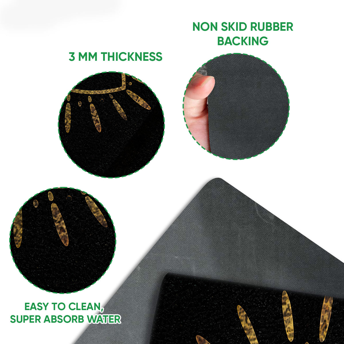 Evil eye doormat feature view showing the printed surface, rubber backing, and slim profile
