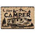Camping doormat featuring an RV, mountain landscape, pine trees, campfire and family welcome artwork
