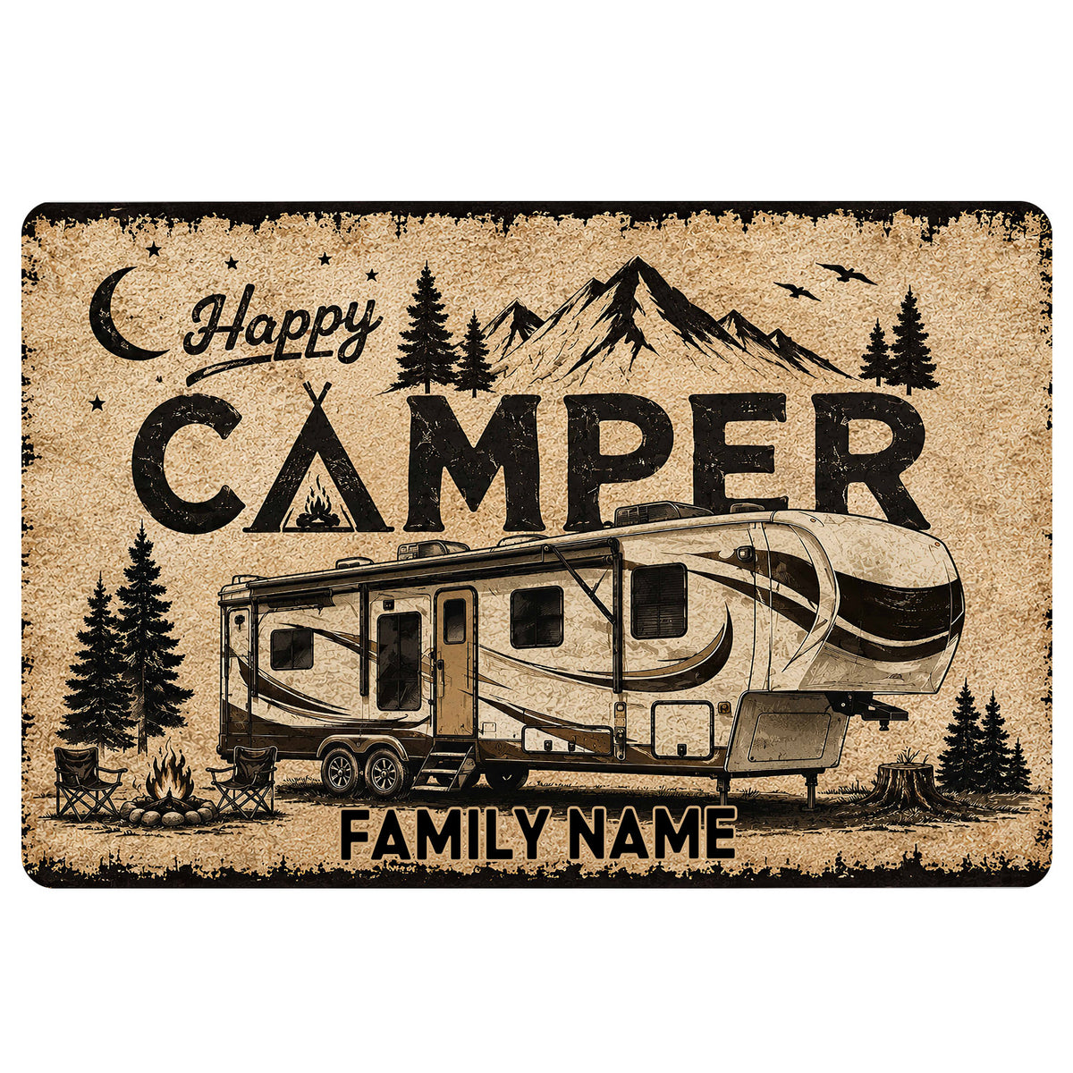 Camping doormat featuring an RV, mountain landscape, pine trees, campfire and family welcome artwork