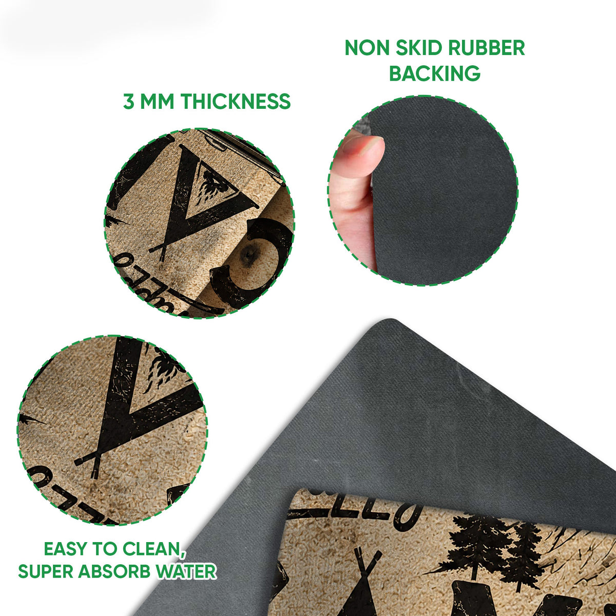 Close-up feature view showing the camping artwork, felt top surface and rubber-backed doormat