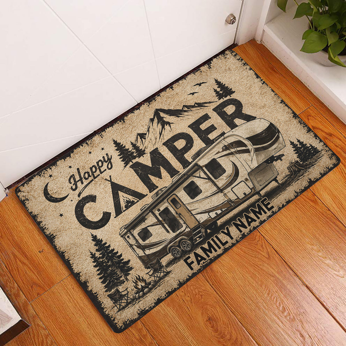 Camping RV doormat displayed inside a home entryway on warm wood flooring