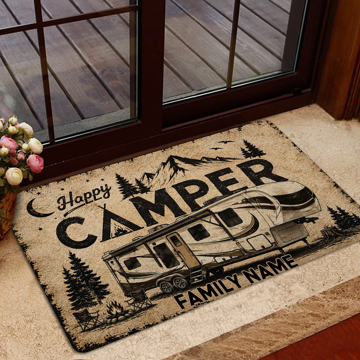 Camping family RV doormat arranged in an entryway near a glass door
