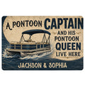 Vintage pontoon boat doormat design with illustrated waves, nautical typography and dark blue accents