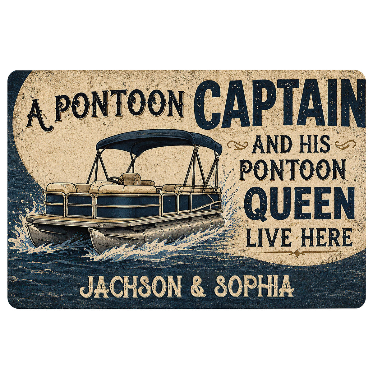 Vintage pontoon boat doormat design with illustrated waves, nautical typography and dark blue accents