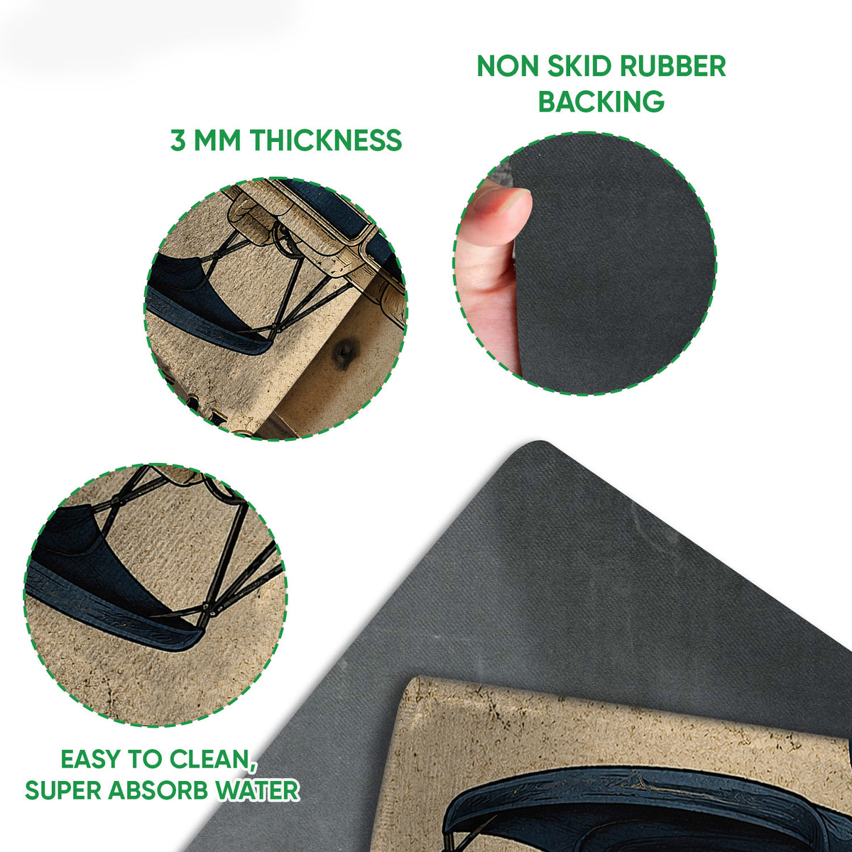 Pontoon boat doormat feature view showing the printed surface, 3 mm thickness and rubber backing