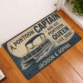 Pontoon boat entryway doormat displayed beside a white door on warm wood flooring
