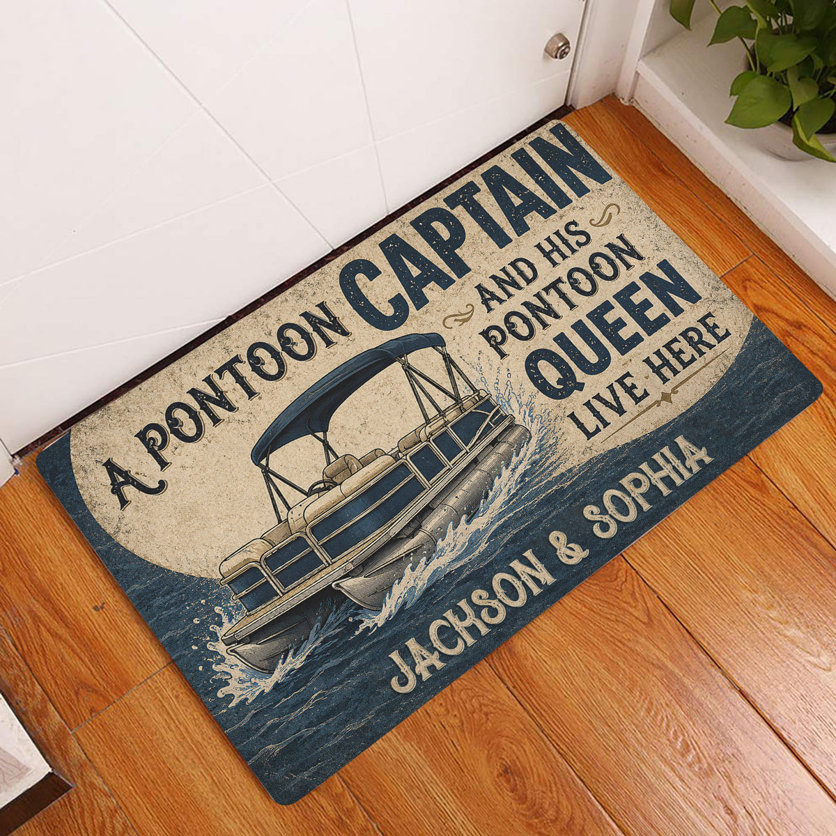 Pontoon boat entryway doormat displayed beside a white door on warm wood flooring