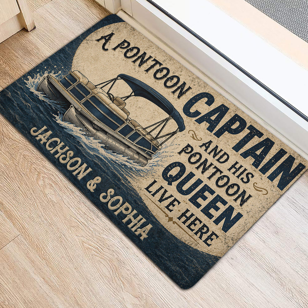 Pontoon boat rubber door mat placed at an entrance with a vintage nautical design