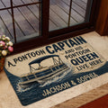 Pontoon boat doormat styled in a home entryway beside glass doors and a wood deck