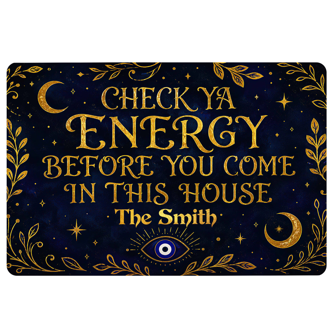 Dark navy evil eye doormat with gold celestial motifs, leafy border, crescent moons and decorative lettering