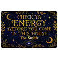 Dark navy evil eye doormat with gold celestial motifs, leafy border, crescent moons and decorative lettering