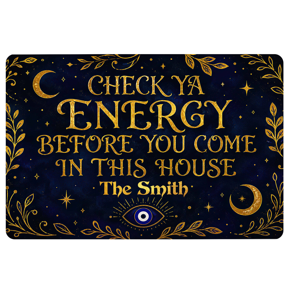 Dark navy evil eye doormat with gold celestial motifs, leafy border, crescent moons and decorative lettering