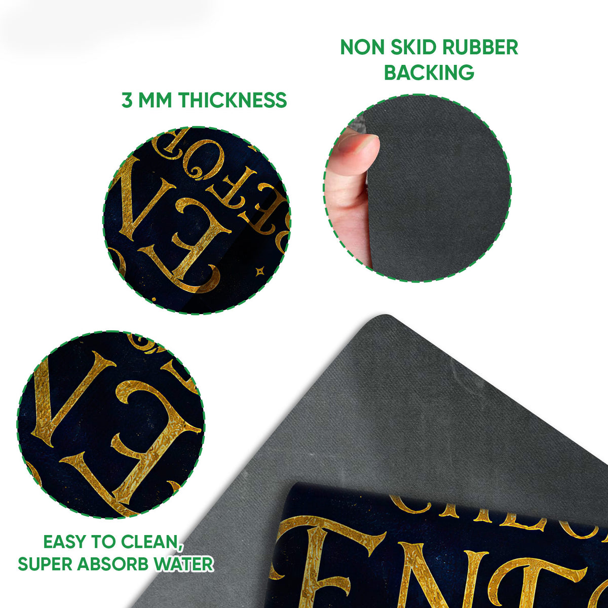 Close-up feature view of the evil eye doormat showing the printed top surface and black rubber backing