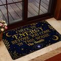 Evil eye doormat shown in a home entrance with gold celestial artwork and decorative botanical border
