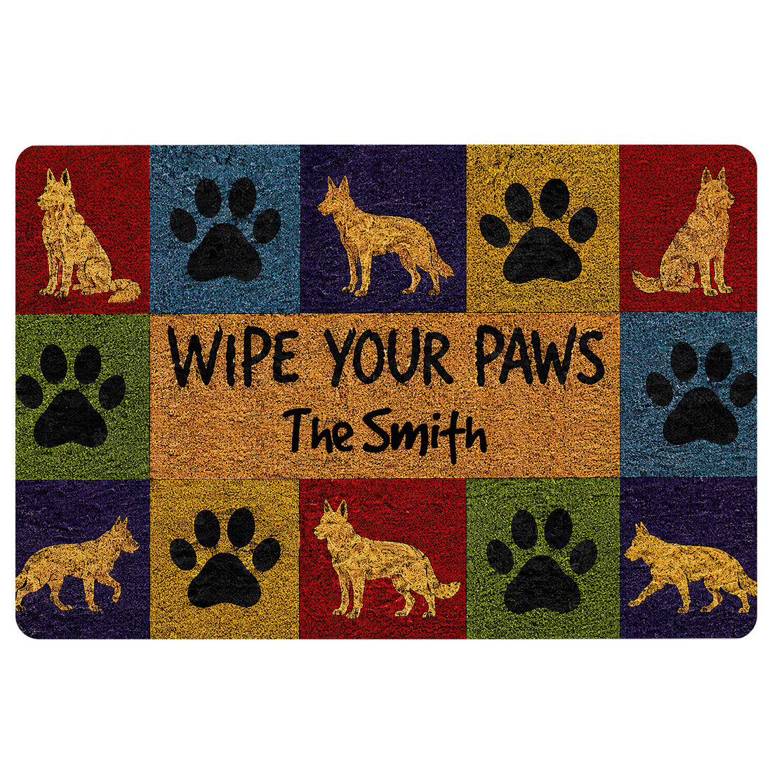 Colorful German Shepherd doormat with paw prints and a wipe your paws entryway message