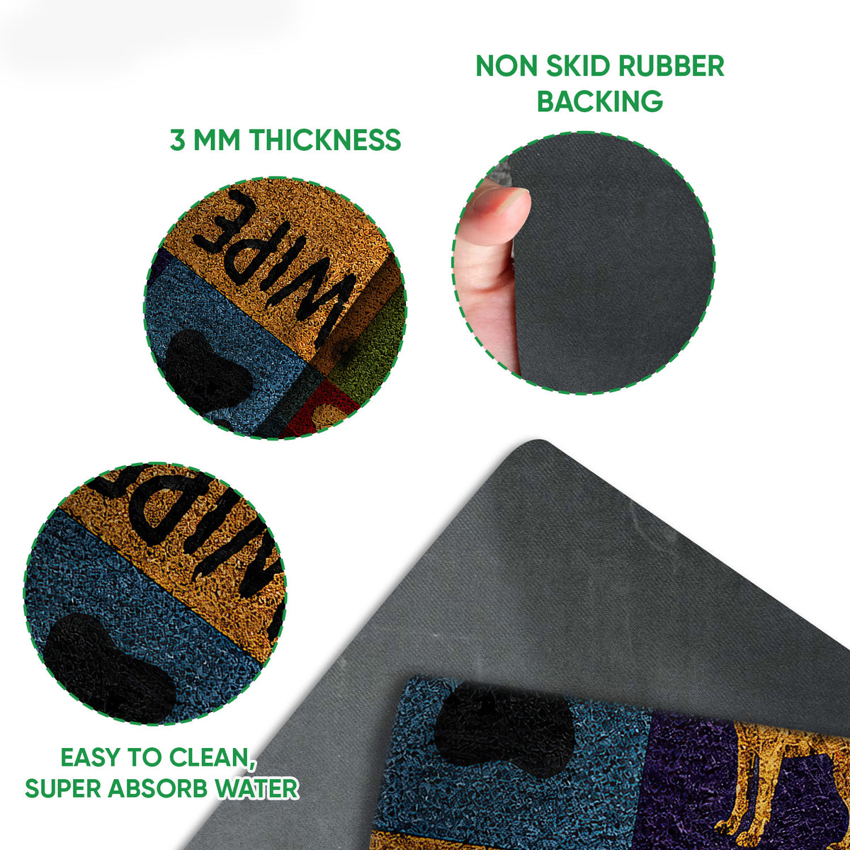 Close-up of German Shepherd doormat artwork with printed top and black rubber backing